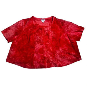Liz & Me -Red Sheer Floral Burnout Blouse Women’s Short Sleeve Lightweight Top